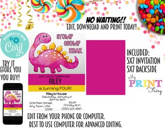Personalize Girl Dinosaur Birthday Invitation,  Editable Girl Dinosaur Birthday Invitation, Corjl Pink Dinosaur Birthday Invitation