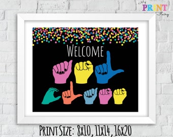 May include: A black and white printable sign with the word "WELCOME" in white text and the word "COOL" spelled out in colorful hand signs. The background is black with a scattering of colorful confetti.