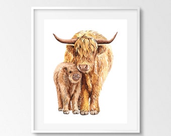 Watercolor Mom and Baby Yak Nursery Printable Wall Art, Printable Highland Cow Art, Watercolor Highland. Cow Print, Printable Yak Art