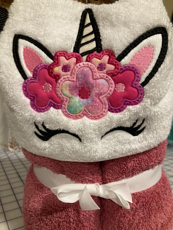Unicorn with pink flowers hooded bath/ beach towel Free personalization