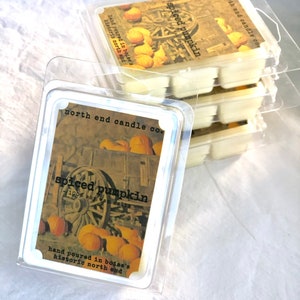 May include: Clear plastic clamshell packaging containing wax melts. Each package has a label with the text "Spiced Pumpkin" and an illustration of pumpkins and a wagon. The text "North End Candle Co." is also visible.