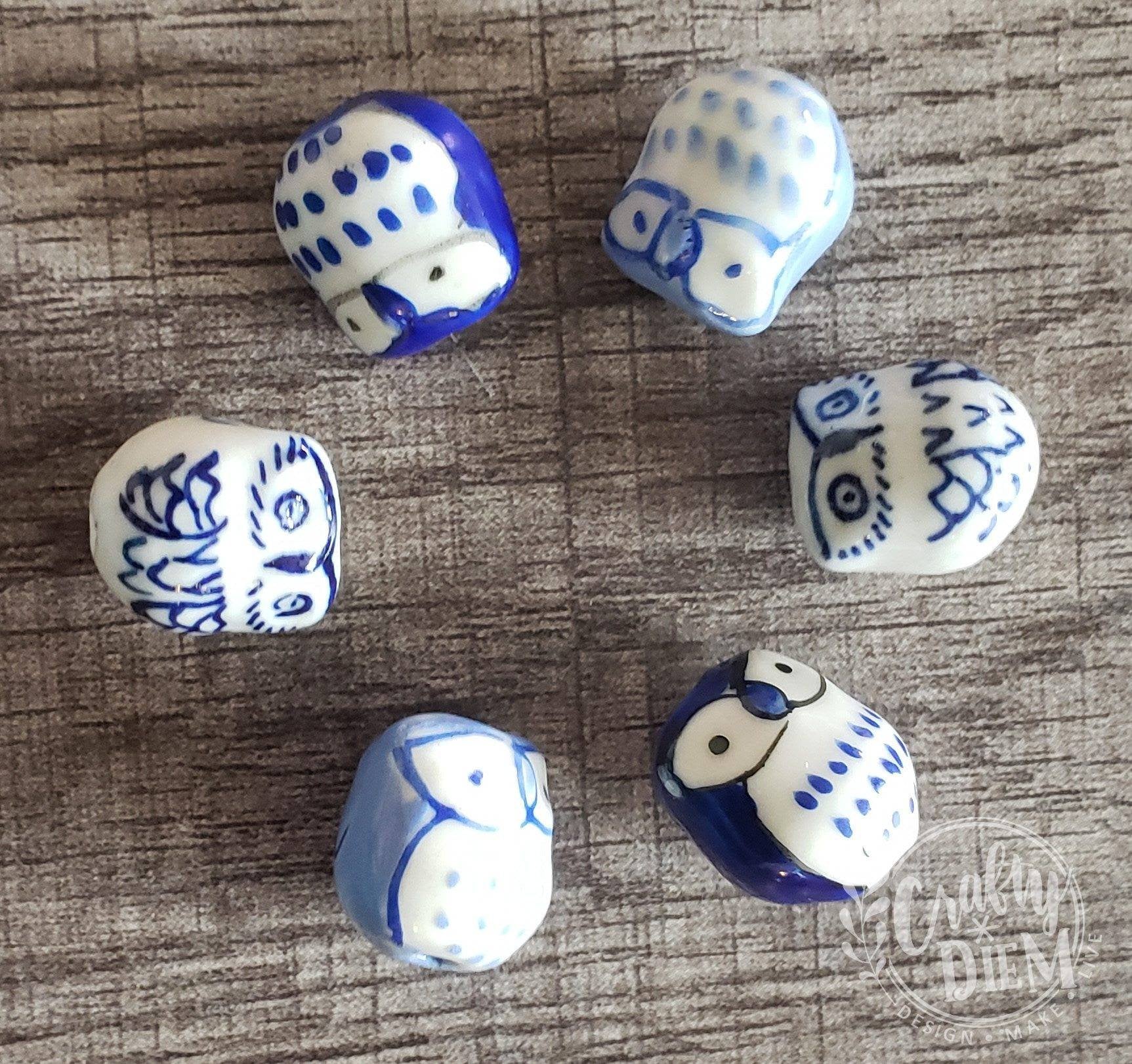 Hand-Painted Blue Owl Ceramic Beads: Jewelry Making Supplies