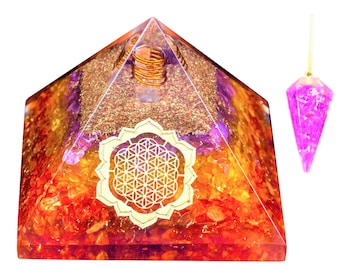 Orgonite Pyramid with Amethyst Pendulum | Chakra Healing Crystal | Protection Energy Generator | Citrine Carnelian Amethyst | Spiritual Gift
