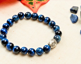 Blue Tiger Eye Buddha Bracelet | Natural Gemstone Beaded Bracelet | Stretch Yoga Meditation Bracelet | Mens Womens Jewelry | Spiritual Gift
