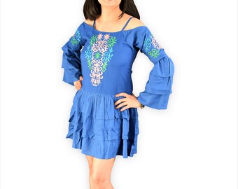 Boho Dress Short frill dress Embroidered short dress Bohemian short dress Beach wear Beach embroidered dress Blue Short Dress