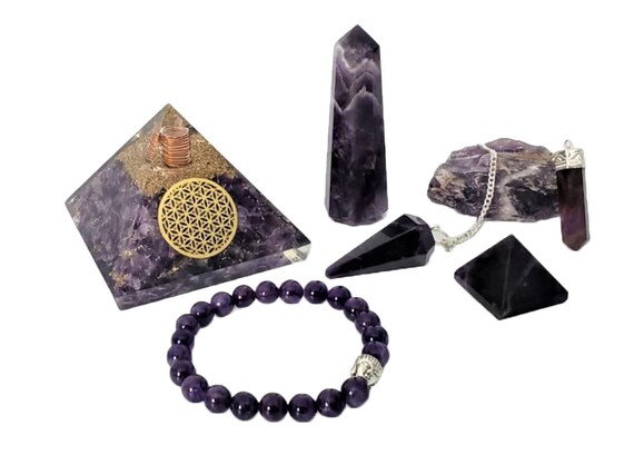 Amethyst Crystal Gift Set | Orgonite Pyramid, Wand, Pendulum Bracelet | Chakra Healing Kit | Meditation & Reiki Set | Spiritual Gift Box