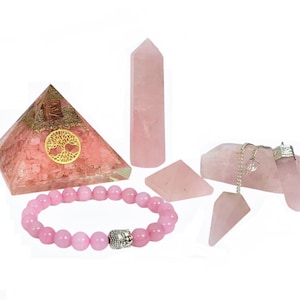 Rose Quartz Crystal Set | Orgone Pyramid Kit | Healing Stones Set | Chakra Reiki Tools | Wand Pendulum Bracelet | Spiritual Gift Box