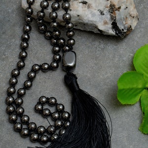 Hematite Prayer Beads Mala 108 Beads-Matching Hematite 7&quot; 8 MM Bracelet, Mala Necklace Japa Mala Hand Knotted Tibetan Mala  Meditation Beads