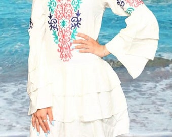 Boho White Dress Short | Embroidered Mini Dress | Beach Bohemian Dress | Summer Frill Dress | Vacation Outfit | Gift for Her