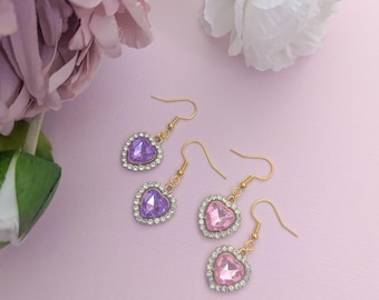 Boucles d'oreilles pendantes coeur pastel pendantes rose violet / Jolie fée Kei britannique Kawaii inspirée de la mode japonaise Candy Harajuku cadeau boîte aux lettres or