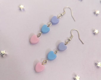 Pastel Tiny Rainbow Heart Drop Earrings Dangle Cute Kawaii UK Fairy Kei Sweet Japanese Fashion Inspired Candy Harajuku Letterbox Gift