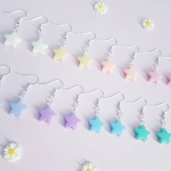 Pastel Rainbow Single Star Drop Earrings Dangle Cute Kawaii UK Fairy Kei Sweet Japanese Fashion Inspired Candy Harajuku Letterbox Gift