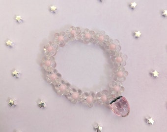 Kawaii Pink Clear Acrylic Blossom Flower And Strawberry Bracelet Cute Stretchy Cottagecore Fairy Kei Japanese Fashion Bead Jewellery Jewelry