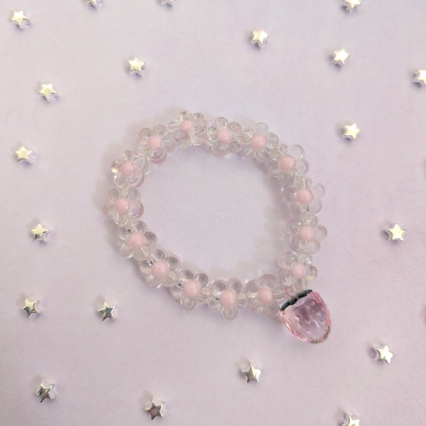 Kawaii Pink Clear Acrylic Blossom Flower And Strawberry Bracelet Cute Stretchy Cottagecore Fairy Kei Japanese Fashion Bead Jewellery Jewelry