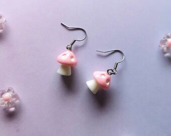 Super Cute Kawaii Pink Mushroom Earrings Dangle Stainless Steel Or Plated Silver Tone Pastel Cottagecore