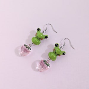 Kawaii Strawberry Lampwork Frog Dangle Earrings Cute Quirky Fun Cottagecore Fairy Kei Sweet Letterbox Gift UK Pastel Fairycore