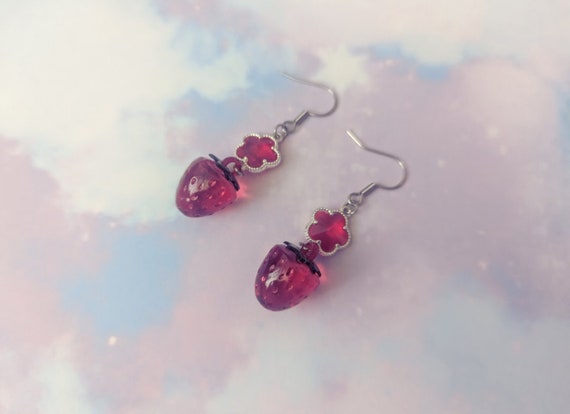Sweet Red Flower Strawberry Drop Earrings Dangle Cute Kawaii UK Fairy Kei Sweet Japanese Fashion Inspired Candy Harajuku Letterbox Gift