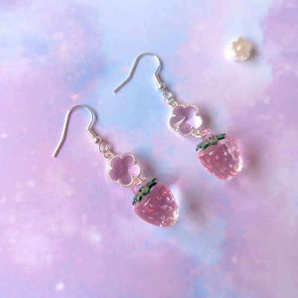 Pastel Clear Flower Strawberry Drop Earrings Dangle Cute Kawaii UK Fairy Kei Sweet Japanese Fashion Inspired Candy Harajuku Letterbox Gift