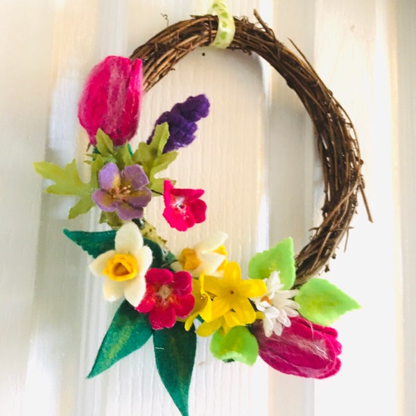 Spring flower wicker wreath Garland. Measures 25cm. All flowers are handmade. Perfect gift