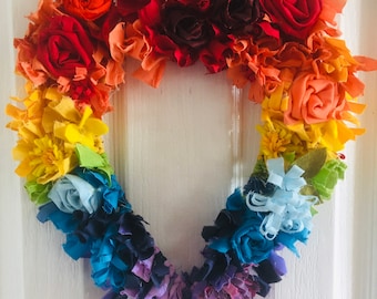 Rainbow Heart Rag Wreath. Heart rag wreath. DIY Rag Wreath. Big size ( 35x25cm) Make your own. Relaxing and easy with stunning results.