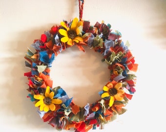 Handmade Sunflower Rag Wreath Craft Kit - Create a stunning eco-friendly wreath with felt flowers and origami butterfly.