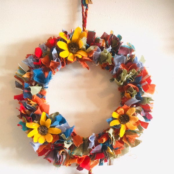 Kids Crafts. Sunflower Rag Wreath- mini version. Everything included. Easy version. Includes hand crafted felt sunflowers. eco craft kit.
