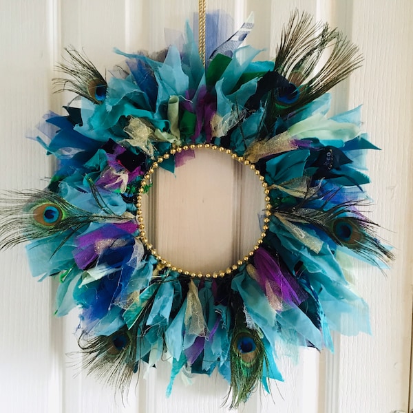 Exquisite Turquoise and Purple Peacock Rag Wreath with Opulent Gold Bead Trim and Elegant Peacock Feather Detail