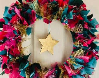 Elegant DIY Rag Wreath Kit: Stunning Cerise, teal and Gold Colors. Artisanal Craft for Adults. Simple with Stunning Result. Eco-conscious. I