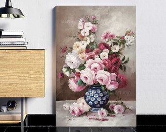 Large Peony Wall Art Original Flower Painting Vintage Floral Still Life Painting Oil on Canvas Housewarming Gift24"x36"