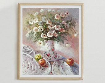 Hand Painted Daisy Chrysanthemum Oil Painting, Vintage Flower Still Life Art For Home Decor, Gift for Her, Gift for Mom, Gift for Bride