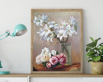 White Lily and Pink Rose Oil Painting Wedding Gift for Bride Husband Gift Anniversary Gifts for Her Floral Art For Living Room