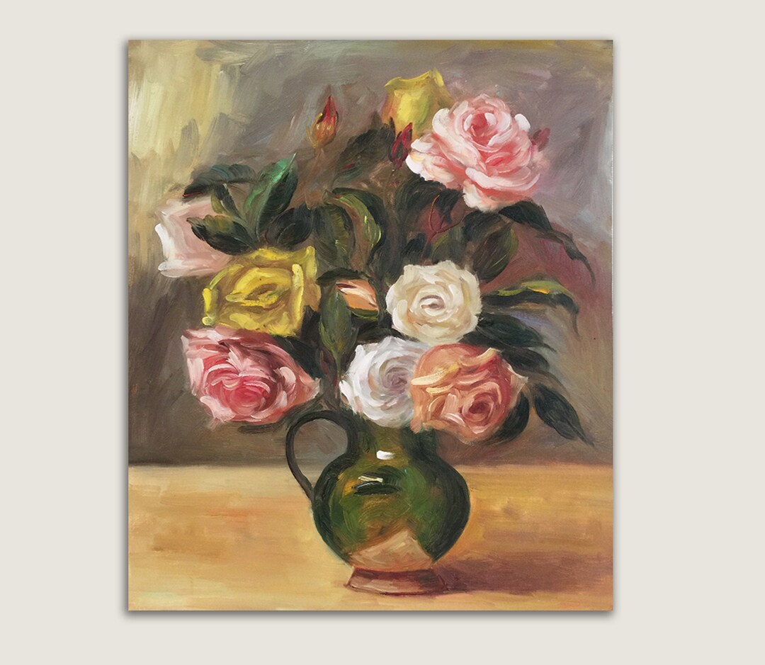 Rose in Green Vase Oil Painting Vintage Still Life Wall Decoration Art ...