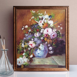 Pink Peonies in Blue Vase Oil Painting On Canvas Vintage Abstract Floral Wall Art for Living Room Gift for Housewarming