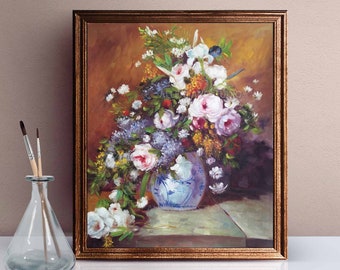 Pink Peonies in Blue Vase Oil Painting On Canvas Vintage Abstract Floral Wall Art for Living Room Gift for Housewarming