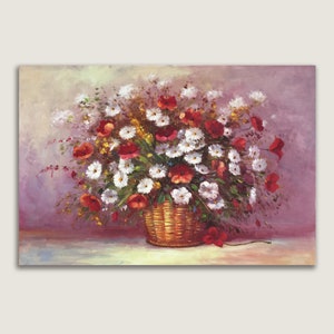 Summer Flowers Wall Decor, Red Poppy Flower and White Flowers in Basket, Large Art Gift for Housewarming