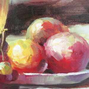 May include: A still life painting of fruit in a bowl. The fruit includes red apples and a yellow pear. The painting is done in a loose, impressionistic style.