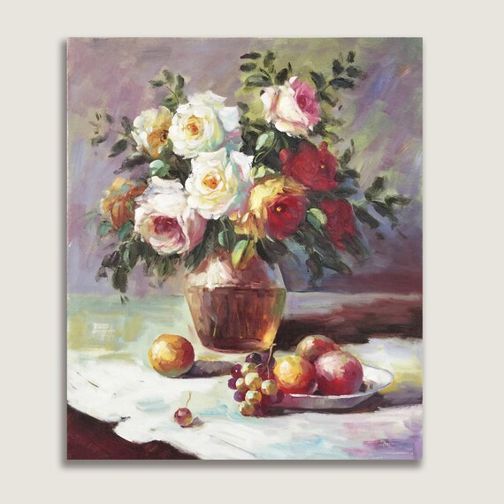 Pink and Red Peony Flower Art, Red Rose Painting, Flowers and Fruits Still Life Wall Art, Floral Painting Wall Decor