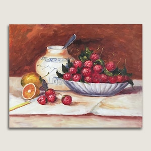 Strawberries Painting, Strawberry and Oranges Kitchen Decor, Red Fruit painting Wall Art, Kitchen Painting, Vintage Food Oil Painting