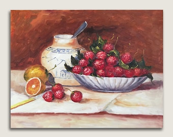Pintura de fresas, decoración de la cocina de la fresa y las naranjas, pintura de fruta roja arte de la pared, pintura de la cocina, pintura al óleo de la comida vintage