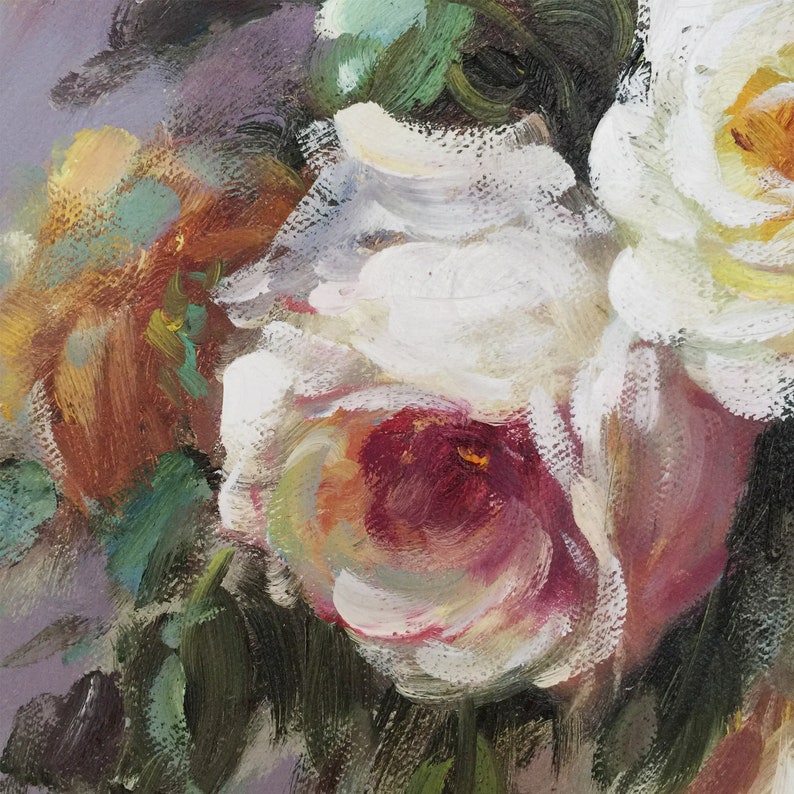 May include: A close-up of a painting of white roses with hints of pink and yellow. The roses are painted with thick brushstrokes, giving them a textured appearance. The background is a soft purple.