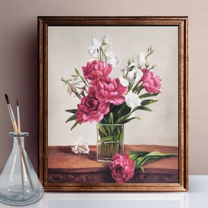 ガラスの花瓶に入ったピンクのバラの花束 油絵 白い花と牡丹 キャンバスに描かれた静物画 彼女へのクリスマスプレゼント カスタム 20&quot;x24&quot;