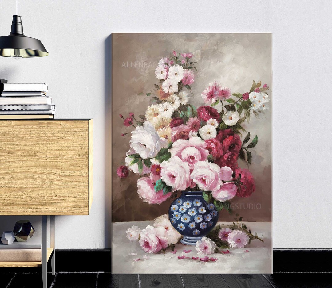 Large Peony Wall Art Original Flower Painting Vintage Floral Still Life ...