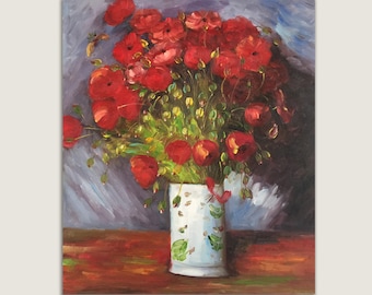 Red Poppies Oil Painting, Wall Art of Red Flowers in Vase, Red Bouquet Oil Painting, Red Flowers Home Decor Wall Art