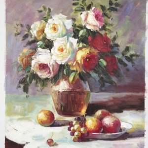 May include: A still life painting featuring a bouquet of white, pink, and red roses in a brown vase, with grapes and apples on a white tablecloth.