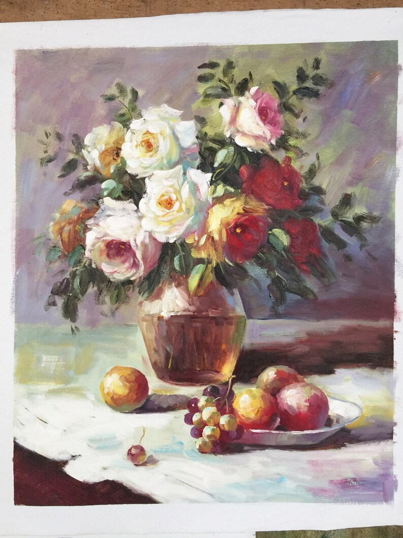 May include: A still life painting featuring a bouquet of white, pink, and red roses in a brown vase, with grapes and apples on a white tablecloth.