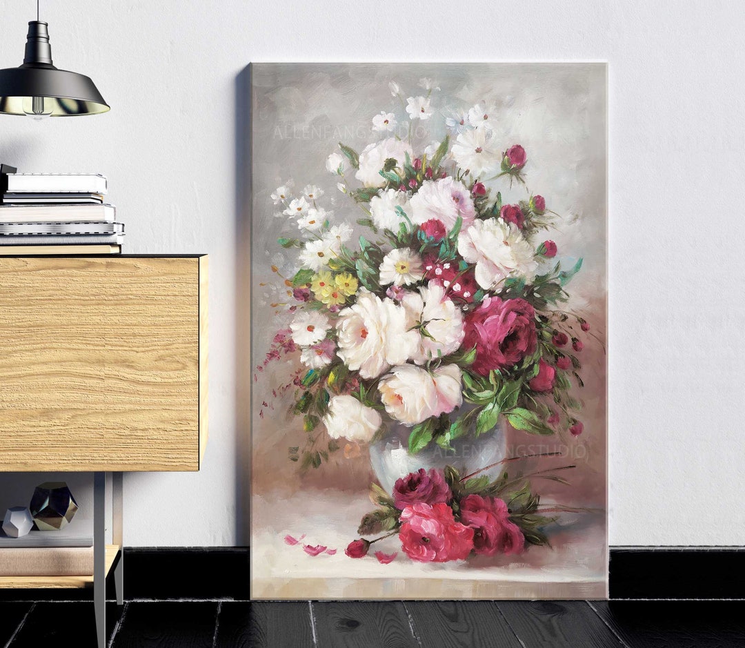 Large Wall Art Original Peony Flower Painting on Canvas White Pink ...