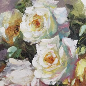 May include: A close-up of a bouquet of white roses with yellow centers. The roses are painted in a realistic style with visible brushstrokes. The background is a blurred mix of green and purple.