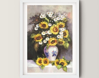 Handmade Vintage Sunflower Bouquet in Vase, Gift for Christmas New Year, Large Size Floral Painting Wall Art