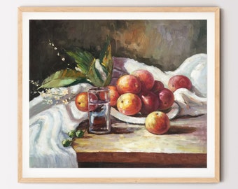 May include: A still life painting of a white cloth draped over a wooden table with a glass of water and a bowl of red and orange fruit. The fruit is arranged in a bowl on the table, and there are green leaves in the background.