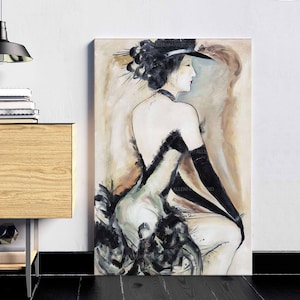 Classy Woman in Black Hat and Dress, Abstract Lady Painting, Large Modern Fashion Home Wall Art Decoration Gift Ideas 24&quot;x36&quot;